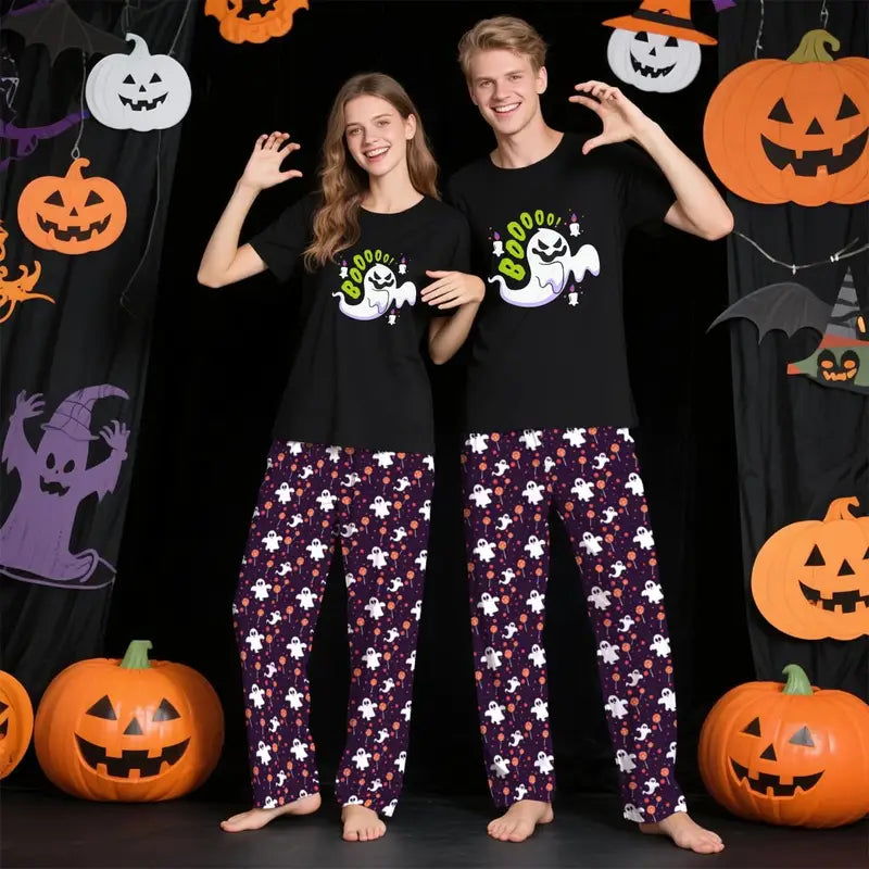 Halloween Matching Pajama Set for Men, Couples & Families – 2pcs T-Shirt & Pants Sleepwear