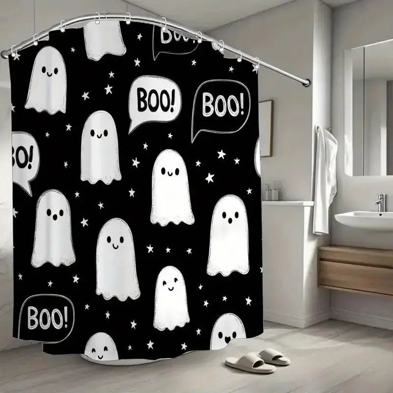 BOO! Halloween Haunted House Shower Curtain – Spooky Design | 70.87 x 70.87 in, Includes 12 Hooks, Bathroom Décor