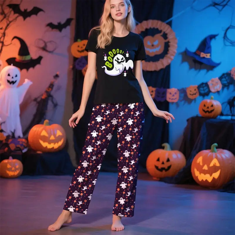 Halloween Matching Pajama Set for Men, Couples & Families – 2pcs T-Shirt & Pants Sleepwear