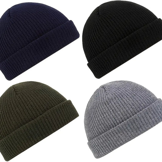 4pcs Soft Touch Acrylic Beanie Hats - Roll-Up Edge, Unisex (Black, Gray, Green, Navy)