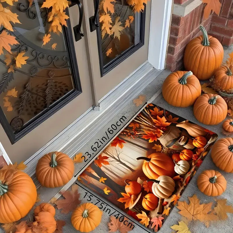 Thanksgiving Pumpkin & Maple Leaves Door Mat – Non-Slip Absorbent Fall Rug for Home