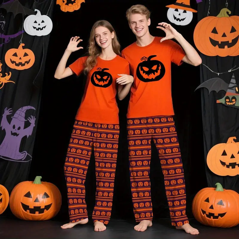 Halloween Matching Pajama Set for Family & Couples – 2pcs T-Shirt & Pants Holiday Sleepwear