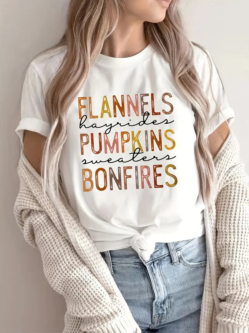 Women’s Casual Crew Neck Halloween T-Shirt – “Flannels, Pumpkins, Bonfires” Print