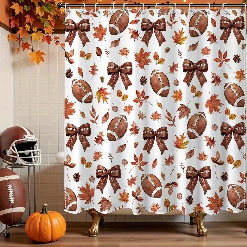 Football Season Shower Curtain – Extra Long Bath Curtain with Fall Leaves & 12 Hooks