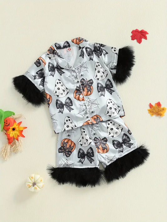 Girls’ Halloween Pumpkin Pajama Set – Short Sleeve Button Top & Shorts Sleepwear