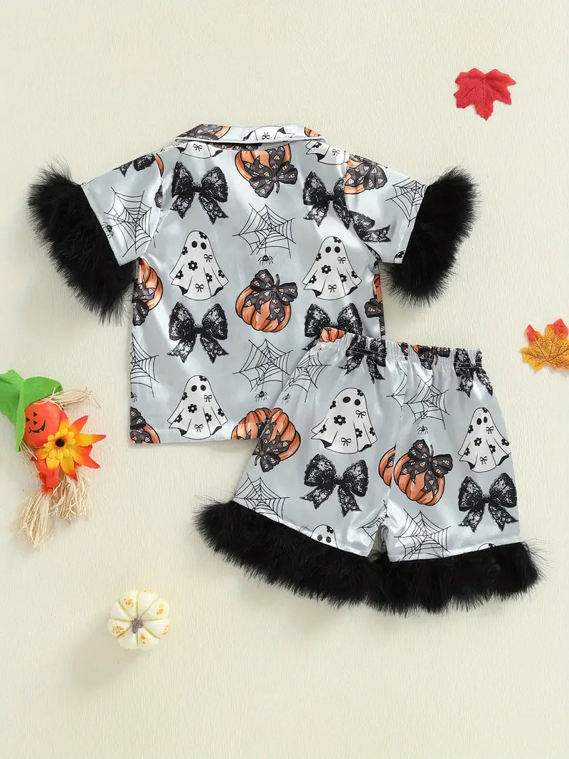 Girls’ Halloween Pumpkin Pajama Set – Short Sleeve Button Top & Shorts Sleepwear