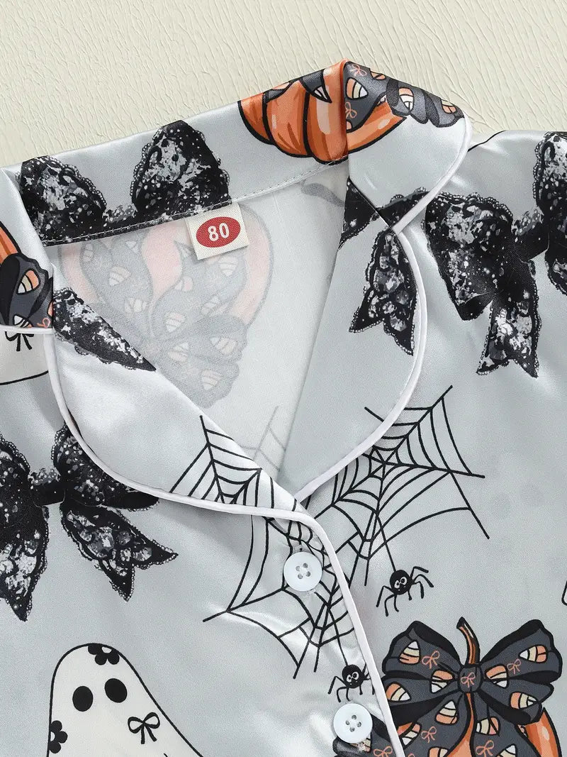 Girls’ Halloween Pumpkin Pajama Set – Short Sleeve Button Top & Shorts Sleepwear