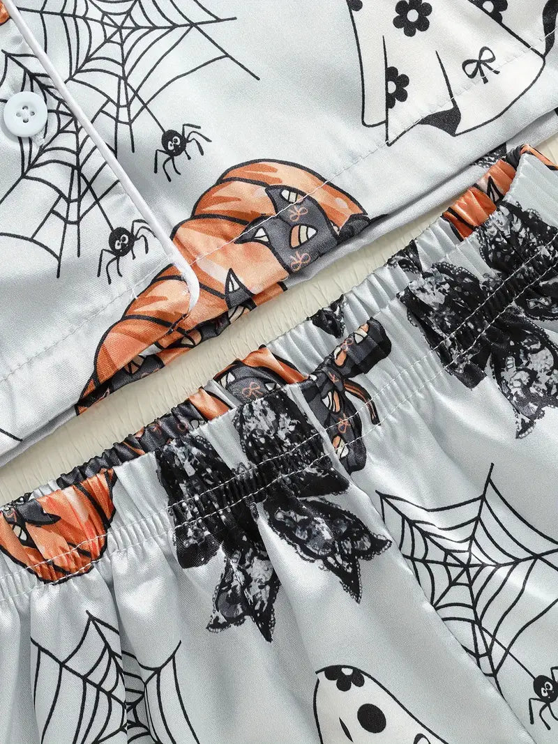 Girls’ Halloween Pumpkin Pajama Set – Short Sleeve Button Top & Shorts Sleepwear