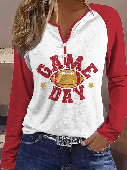 Women’s Vibrant Game Day Football V-Neck Tee – Long Sleeve Casual Top