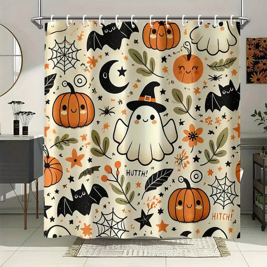 Cute Halloween Shower Curtain – Pumpkin Monsters | 70x70 Inches, Polyester Fabric with Hooks