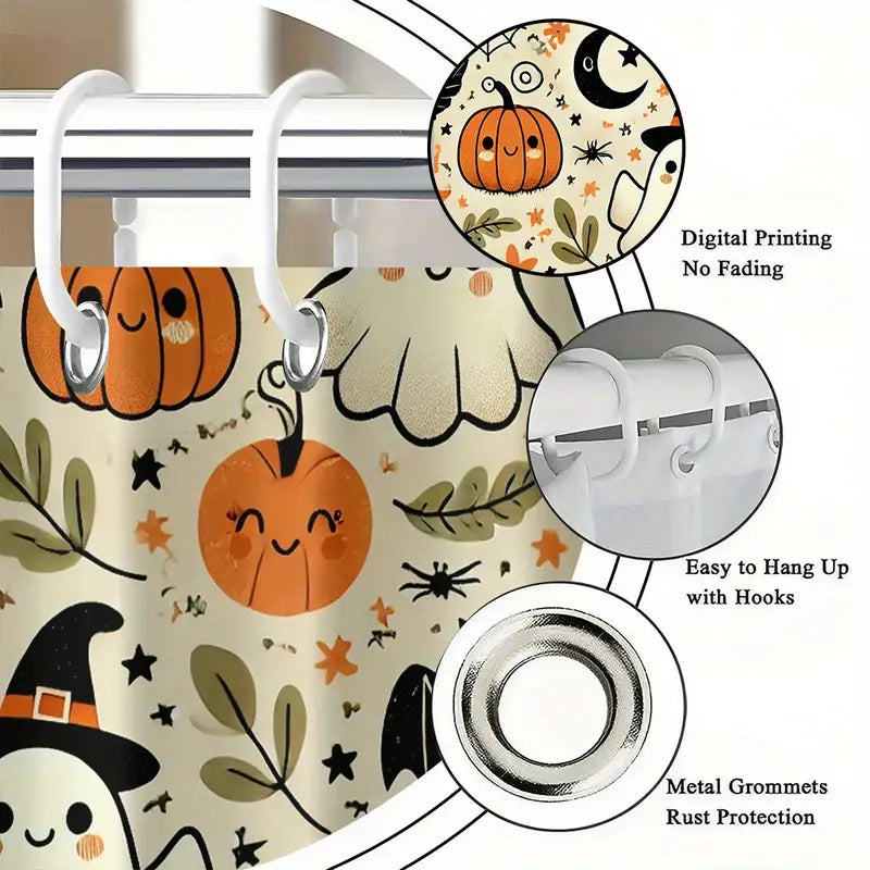 Cute Halloween Shower Curtain – Pumpkin Monsters | 70x70 Inches, Polyester Fabric with Hooks
