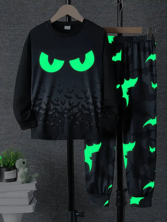 Halloween 2pcs Glow-in-the-Dark Bat Outfit for Tween Boys – Round-Neck T-Shirt & Elastic Waist Pants Set