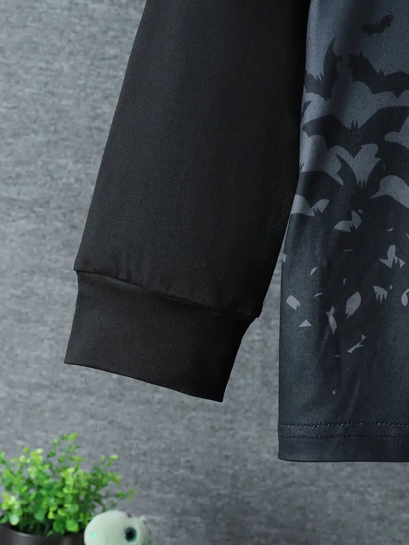 Halloween 2pcs Glow-in-the-Dark Bat Outfit for Tween Boys – Round-Neck T-Shirt & Elastic Waist Pants Set