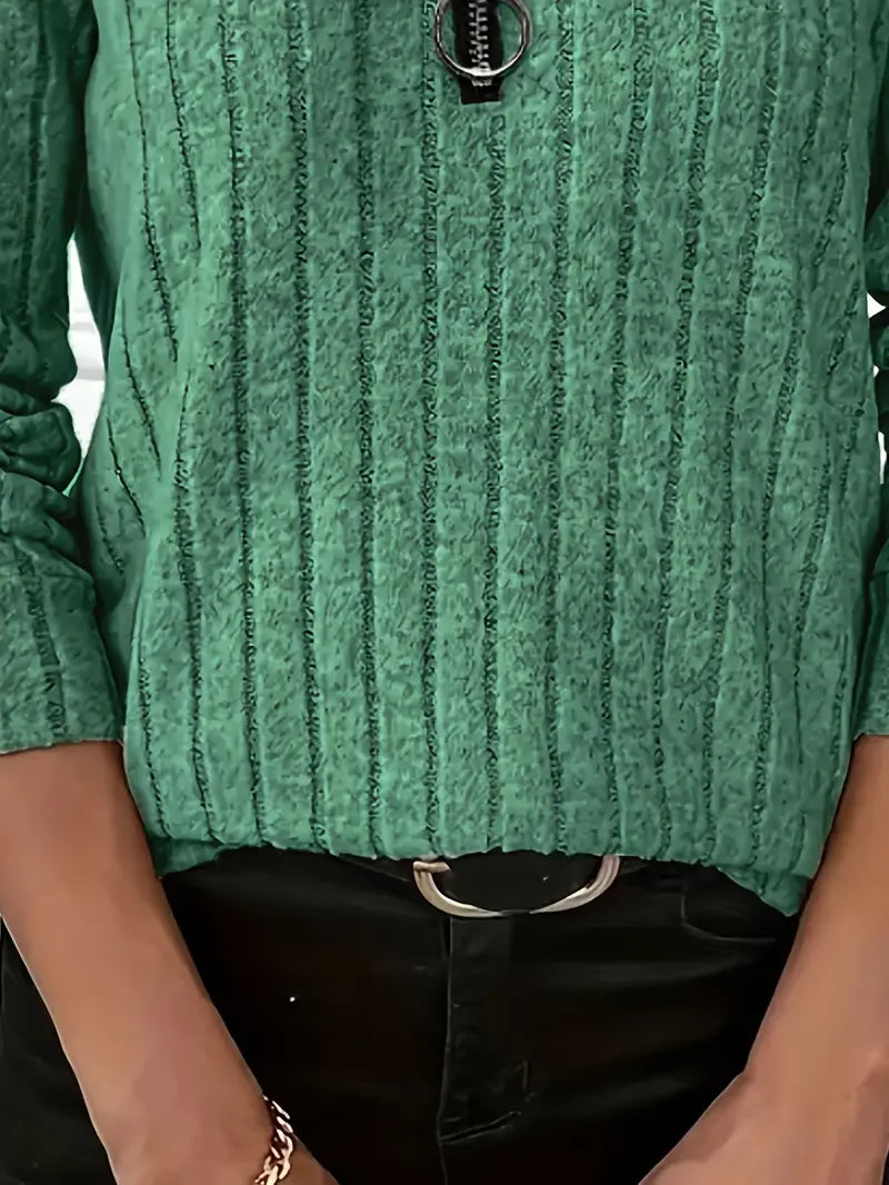 Women’s Green Elegant Tunic Sweater – Chic Longline with Full Zipper