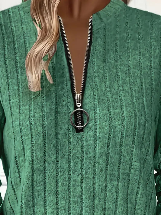 Women’s Green Elegant Tunic Sweater – Chic Longline with Full Zipper