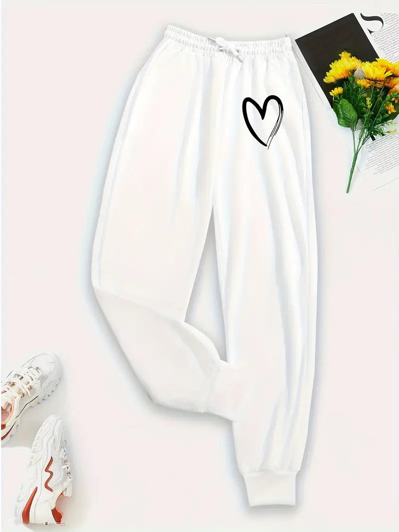 Women’s Heart Print Jogger Sweatpants – Casual Sporty Style