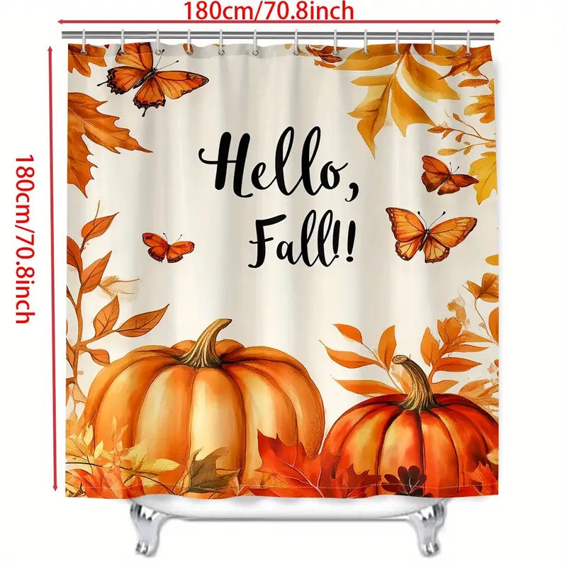 “Hello, Fall!” Pumpkin Shower Curtain Set – 4pcs Bathroom Décor with Rug, Mat & Lid Cover