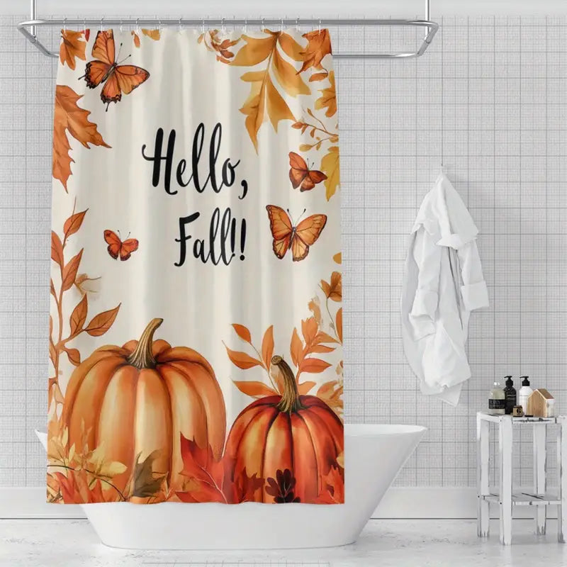 “Hello, Fall!” Pumpkin Shower Curtain Set – 4pcs Bathroom Décor with Rug, Mat & Lid Cover