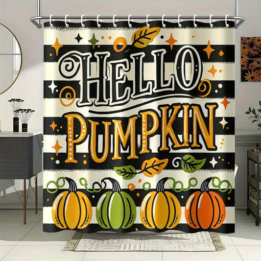 Hello Pumpkin Shower Curtain – Orange Pumpkins on Black & White Stripes | 70x70 in, Polyester, Includes 12 Hooks