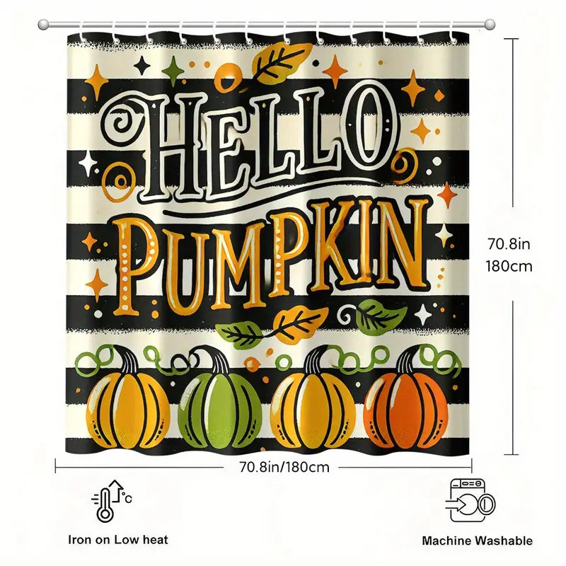 Hello Pumpkin Shower Curtain – Orange Pumpkins on Black & White Stripes | 70x70 in, Polyester, Includes 12 Hooks
