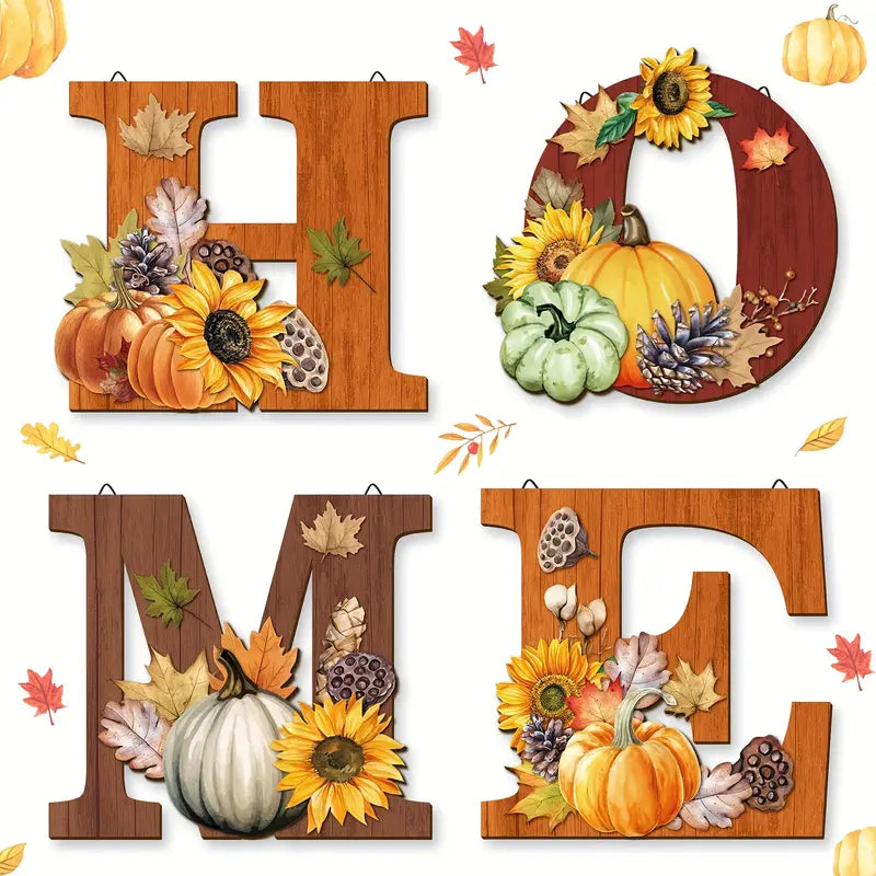 4pcs Wooden Fall Wall Art Set – Thanksgiving Hanging Signs with Inspirational Letters