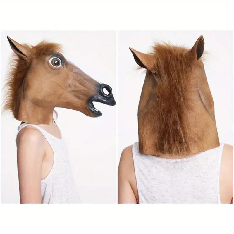 Brown Horse Head Mask – Creepy PVC Rubber Animal Costume Mask for Adults