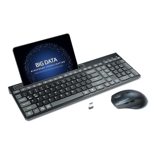 Wireless Keyboard & Mouse Combo – Silent 2.4GHz Set with Phone/Tablet Holder | Adjustable DPI Ergonomic Mouse | Black & Gray