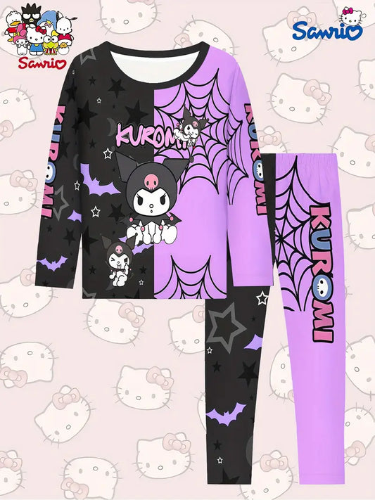 Girls’ Kuromi Halloween Pajama Set – Long Sleeve Top & Pants with Spider Web & Bat Print