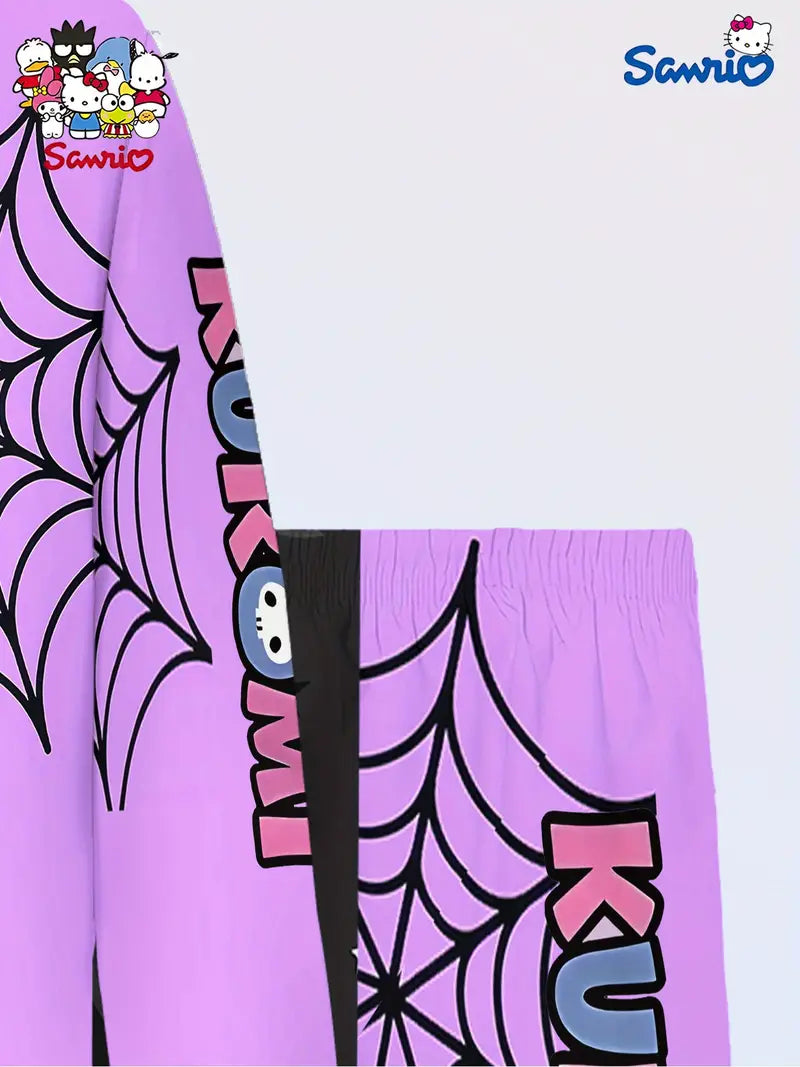 Girls’ Kuromi Halloween Pajama Set – Long Sleeve Top & Pants with Spider Web & Bat Print