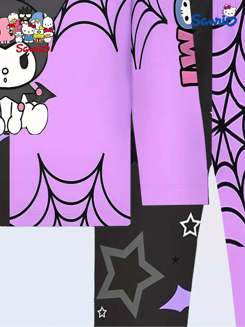 Girls’ Kuromi Halloween Pajama Set – Long Sleeve Top & Pants with Spider Web & Bat Print
