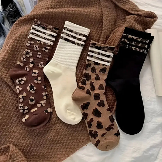 Women’s 3 Pairs Mid-Calf Socks – Leopard Print & Striped Crew Styles