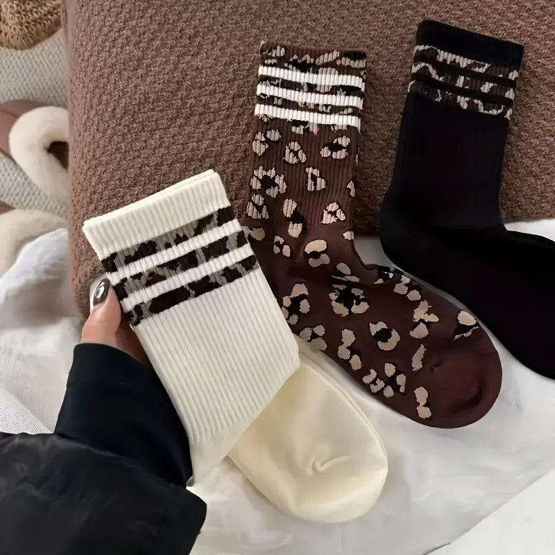 Women’s 3 Pairs Mid-Calf Socks – Leopard Print & Striped Crew Styles