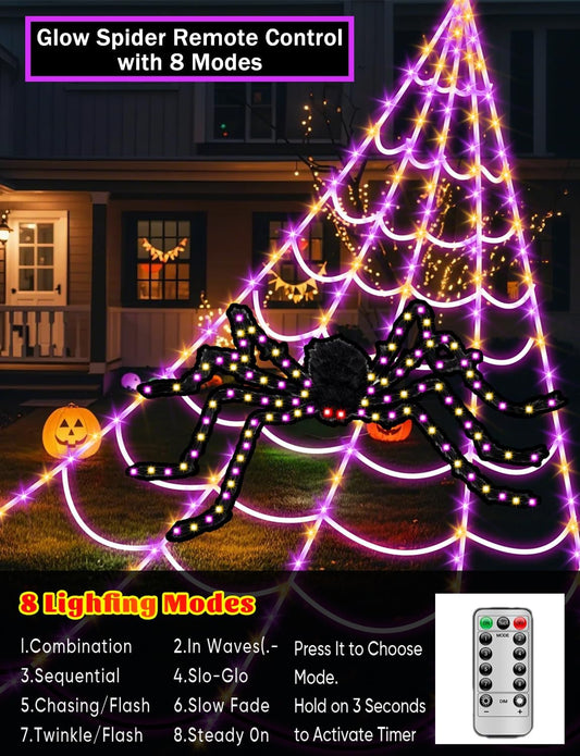 Spider Web Halloween Lights – 250 LED Outdoor String Lights with 60" Light-Up Spider & Remote Control (Orange + Purple)