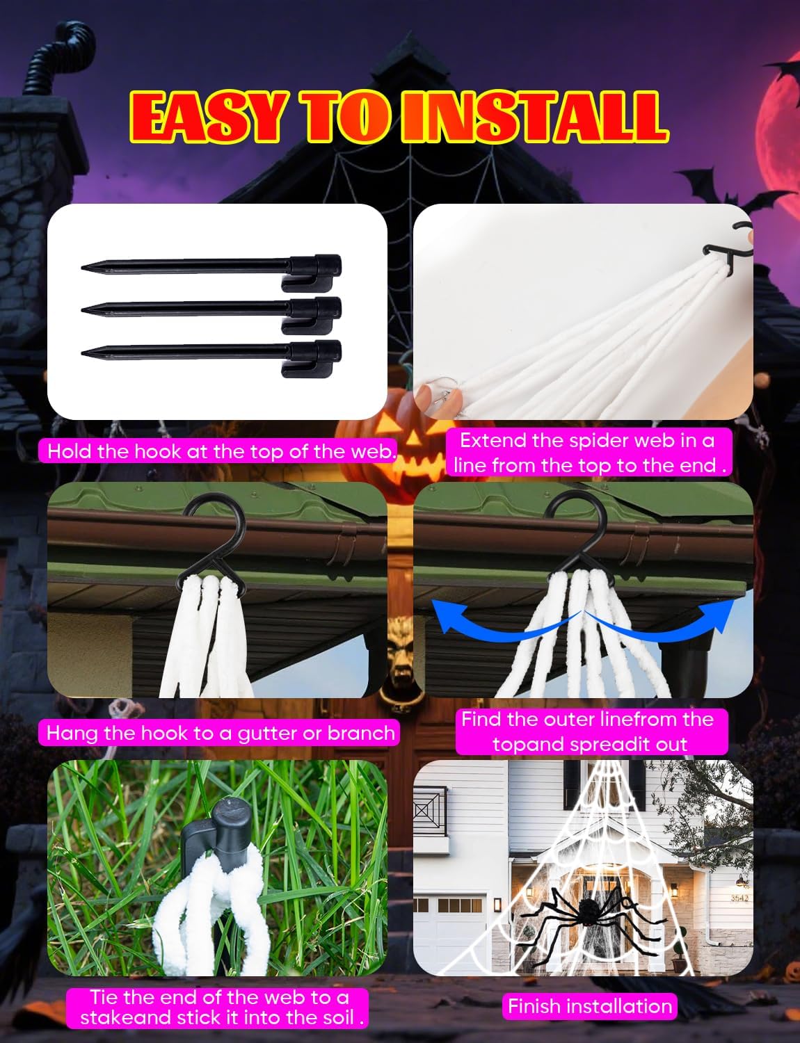 Spider Web Halloween Lights – 250 LED Outdoor String Lights with 60" Light-Up Spider & Remote Control (Orange + Purple)
