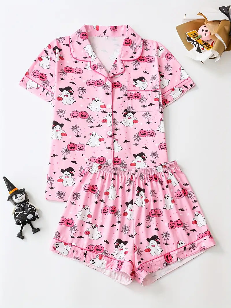 Women’s Pink Halloween Pajama Set – 2-Piece Button Top & Loose Shorts Sleepwear