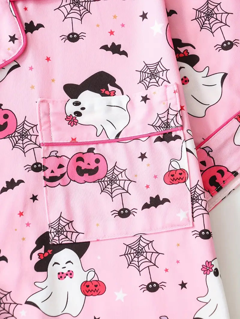 Women’s Pink Halloween Pajama Set – 2-Piece Button Top & Loose Shorts Sleepwear