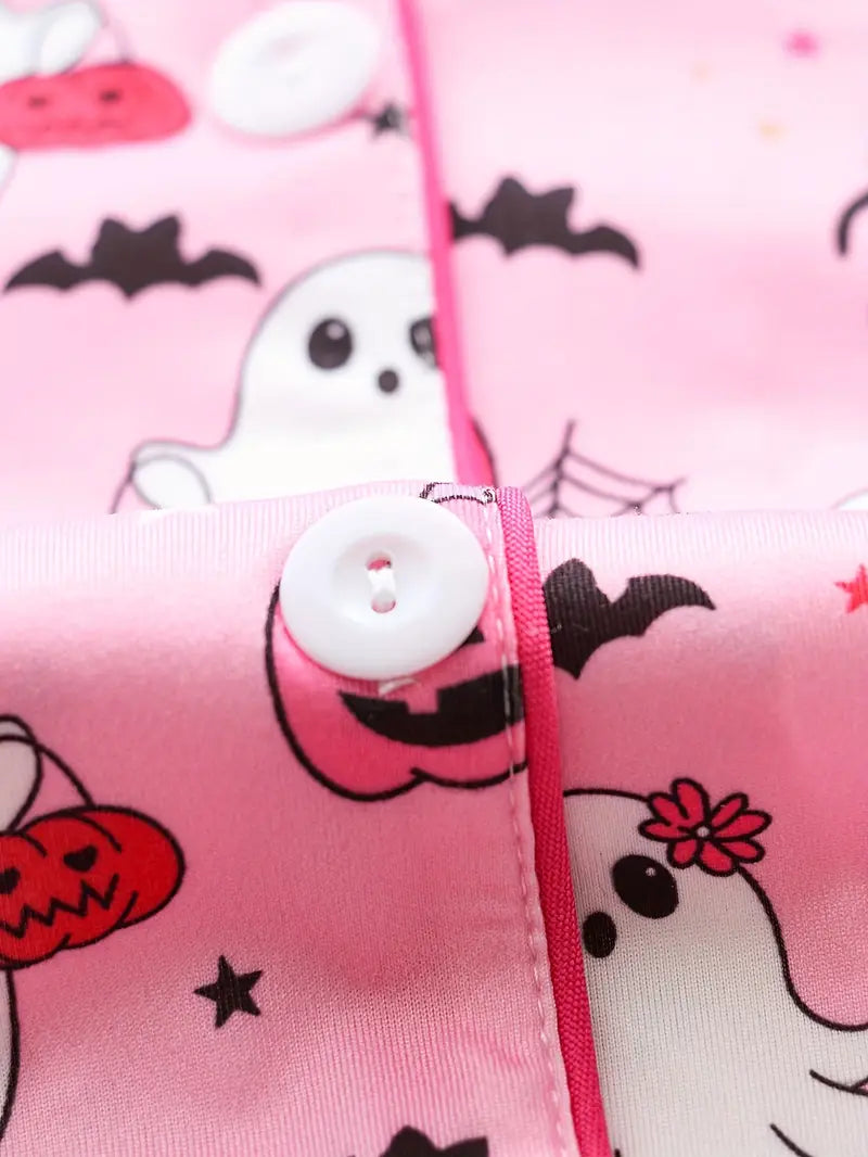 Women’s Pink Halloween Pajama Set – 2-Piece Button Top & Loose Shorts Sleepwear