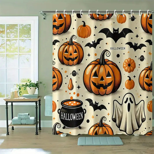 Halloween Shower Curtain Set with 12 Hooks – Spooky Pumpkin, Bat & Ghost Pattern | 70.8x70.8 in Polyester Fabric, Machine Washable