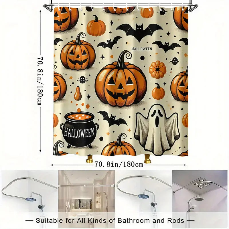 Halloween Shower Curtain Set with 12 Hooks – Spooky Pumpkin, Bat & Ghost Pattern | 70.8x70.8 in Polyester Fabric, Machine Washable