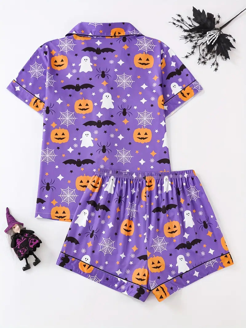 Women’s Halloween Pumpkin Pajama Set – 2-Piece Button Top & Shorts Sleepwear