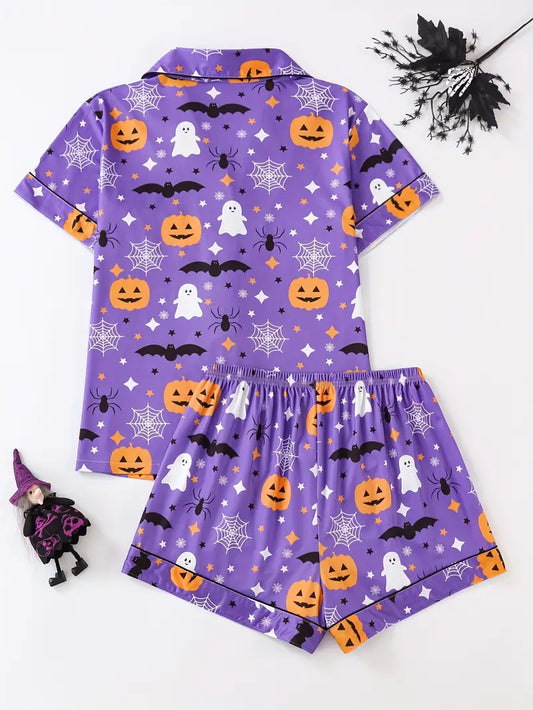 Women’s Halloween Pumpkin Pajama Set – 2-Piece Button Top & Shorts Sleepwear
