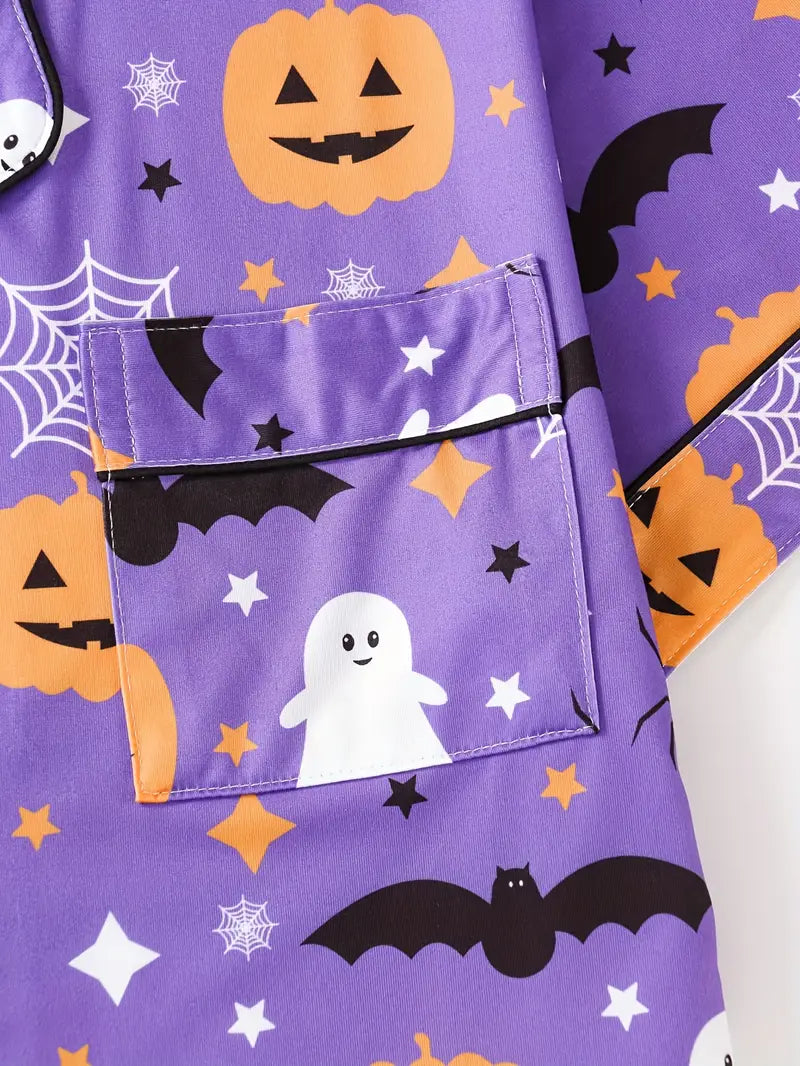 Women’s Halloween Pumpkin Pajama Set – 2-Piece Button Top & Shorts Sleepwear