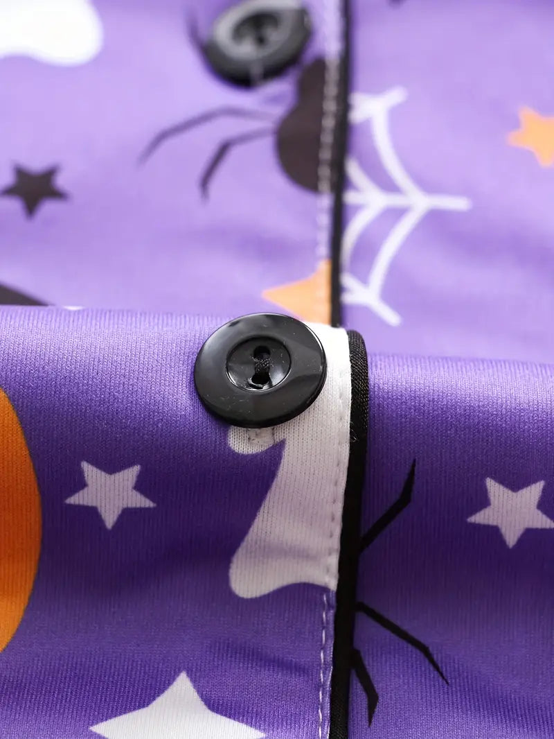 Women’s Halloween Pumpkin Pajama Set – 2-Piece Button Top & Shorts Sleepwear