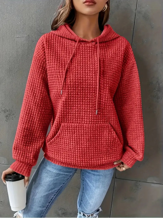 Women’s Casual Waffle Color-Block Hooded Sweatshirt – Cozy Autumn Style