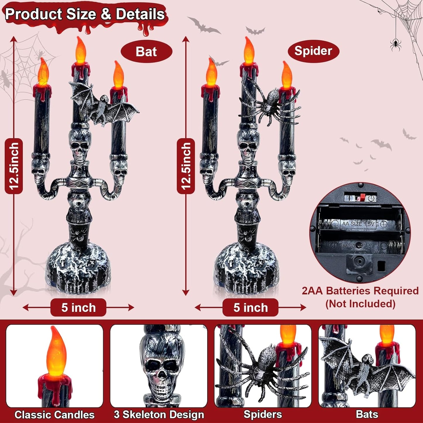 TURNMEON 2 Pack Halloween Candles LED Candelabra,Halloween Decorations 3-Candles Flickering Lamp Light Up Battery Operated Candles Holder Flame Less Bat Spider Decor Indoor Table Home Party