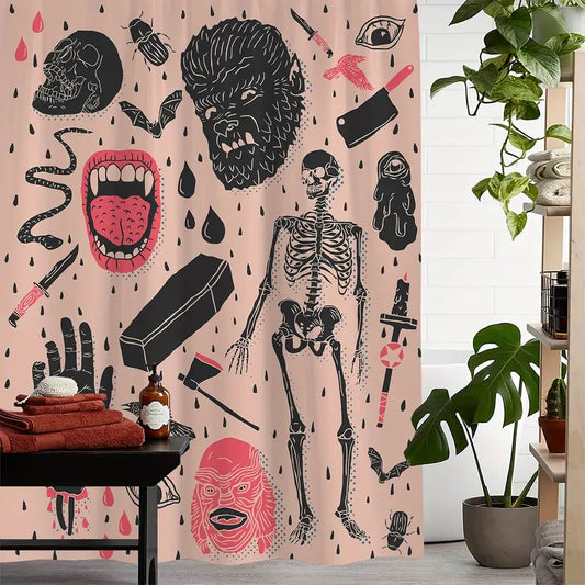 Halloween Horror Skull Print Shower Curtain – Includes 12 Hooks | Spooky Bathroom Décor