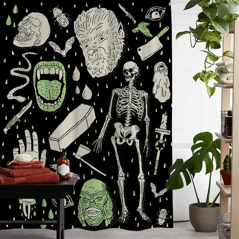 Halloween Horror Skull Print Shower Curtain – Includes 12 Hooks | Spooky Bathroom Décor