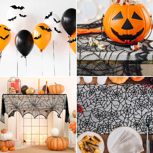 ZeeDix 39-Piece Halloween Decorations Kit – Black Lace Spiderweb Tablecloth, Fireplace Scarf & 3D Bat Wall Stickers