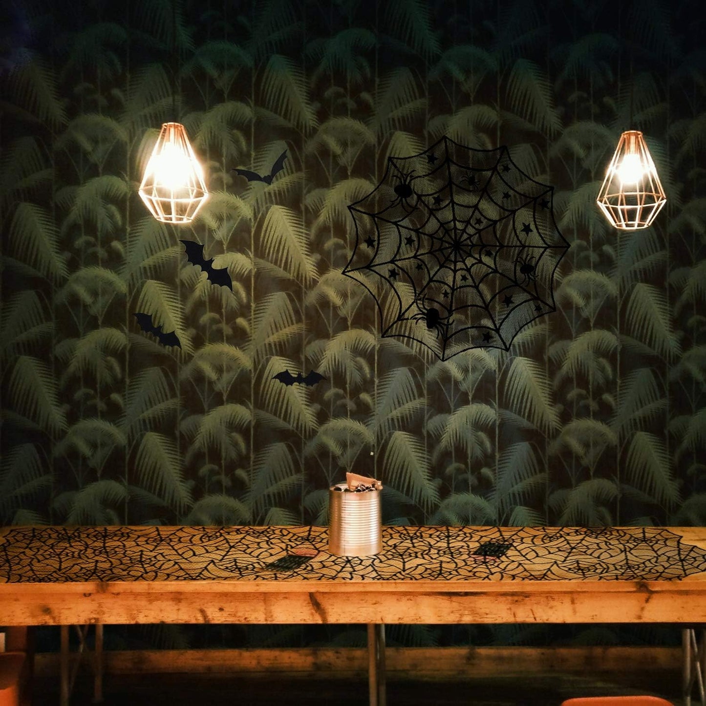 ZeeDix 39-Piece Halloween Decorations Kit – Black Lace Spiderweb Tablecloth, Fireplace Scarf & 3D Bat Wall Stickers