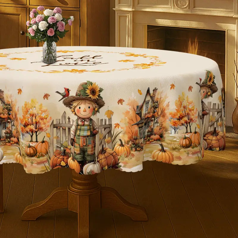 Farmhouse Scarecrow & Pumpkin Harvest Tablecloth – Rustic Fall Dining Décor